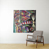 お洒落クリスマスライトハウスレッドピンクパープル タペストリー (インサイチュ(横))