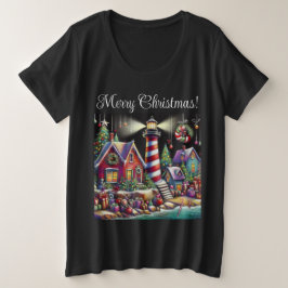 お洒落クリスマスライトハウスレッドピンクパープル プラスサイズTシャツ