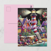 お洒落クリスマスライトハウスレッドピンクパープル ポストカード (正面/裏面)