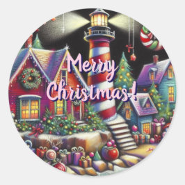 お洒落クリスマスライトハウスレッドピンクパープル ラウンドシール