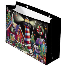 お洒落クリスマスライトハウスレッドピンクパープル ラージペーパーバッグ