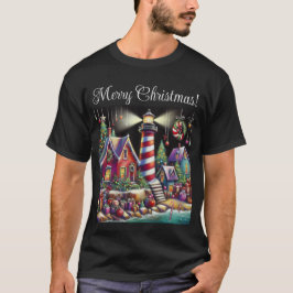 お洒落クリスマスライトハウスレッドピンクパープル Tシャツ