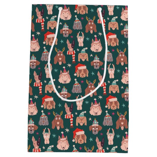 お洒落クリスマス犬のパターン緑 ミディアムペーパーバッグ (裏面)