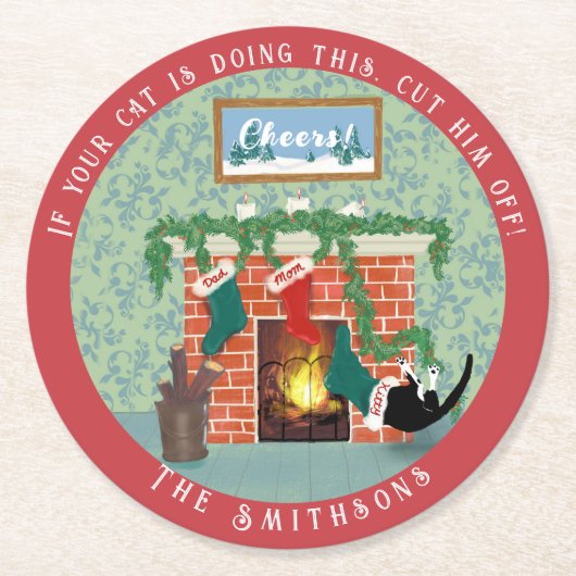 お洒落クリスマス猫とストッキングのシーン ラウンドペーパーコースター (正面)