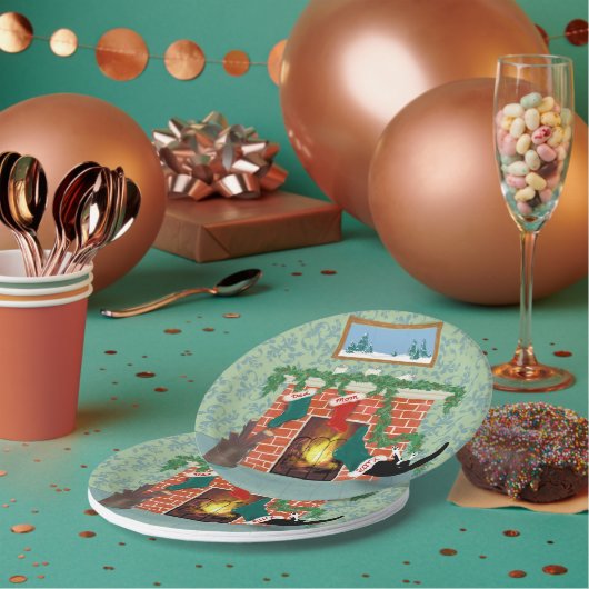 お洒落クリスマス猫とストッキングシーン ペーパープレート (複数)