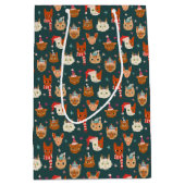 お洒落クリスマス猫パターン緑 ミディアムペーパーバッグ (正面)