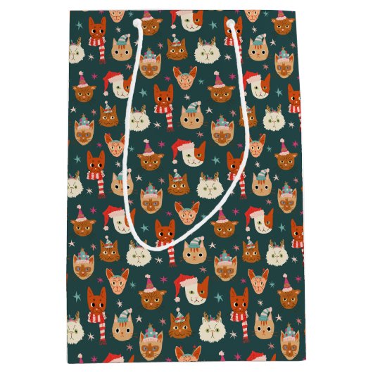 お洒落クリスマス猫パターン緑 ミディアムペーパーバッグ (正面)