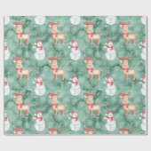 お洒落クリスマス雪だるまとトナカイ – 緑 ラッピングペーパー (フラット)