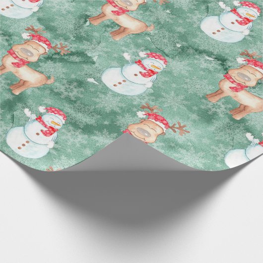 お洒落クリスマス雪だるまとトナカイ – 緑 ラッピングペーパー (角)