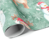 お洒落クリスマス雪だるまとトナカイ – 緑 ラッピングペーパー (ロールコーナー)