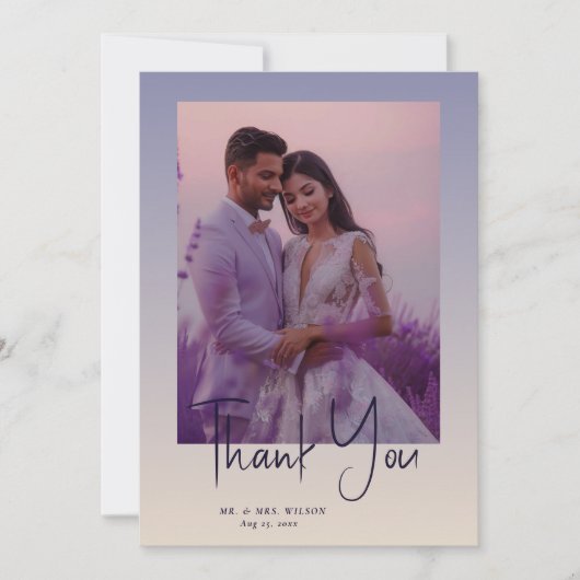 お洒落グラデーション紫のフローラ結婚写真 サンキューカード (正面)