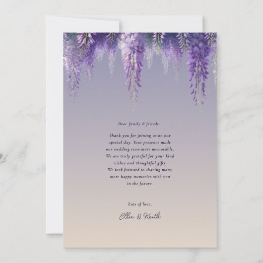 お洒落グラデーション紫のフローラ結婚写真 サンキューカード (裏面)
