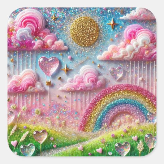 お洒落グリッターレインボー&ハートバルーン スクエアシール (正面)