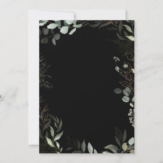 お洒落グリーンリー黒と金ゴールドリース結婚ズ 招待状 (裏面)