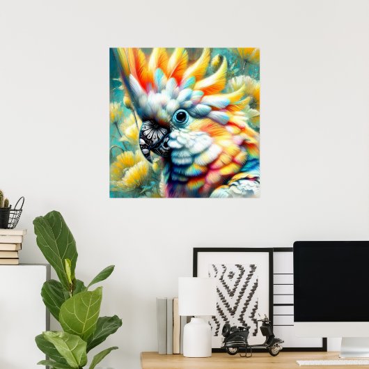 お洒落コカトゥーバードイエローポピーフローラ ポスター (ホームオフィス)