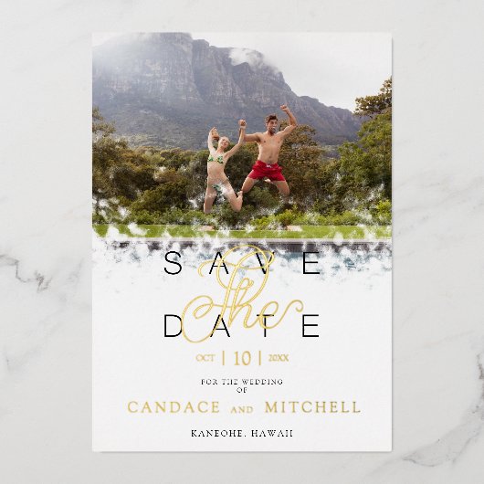 お洒落シンプルエレガント写真おもしろいカップル 箔招待状 (正面)