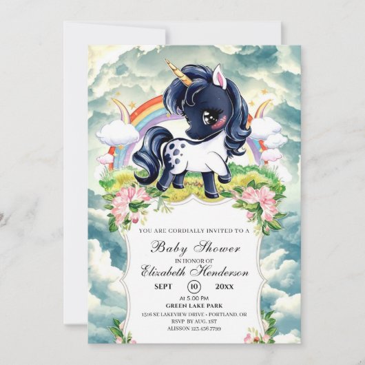 お洒落シンプル黒ユニコーン赤ちゃんシャワー 招待状 (正面)