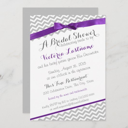 お洒落ジグザグパープルブライダルシャワー 招待状 (正面/裏面)
