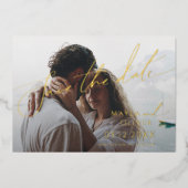 お洒落スクリプミニマルト暗い写真日付の保存 箔招待状 (正面)