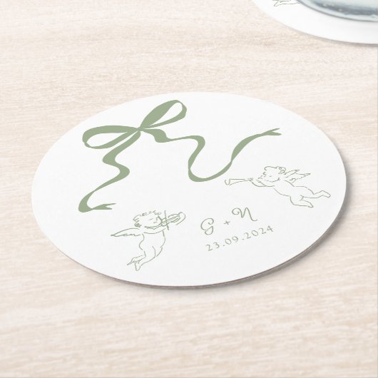 お洒落セージ結婚グリーン ラウンドペーパーコースター (アングル)