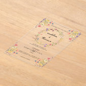 お洒落チャームワイルドフラワーリース写真結婚 アクリル招待状 (レイダウン)