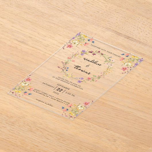 お洒落チャームワイルドフラワーリース写真結婚 アクリル招待状 (レイダウン)