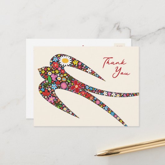 お洒落ツバメカラフル春の花 ポストカード (正面/裏面インサイチュ)