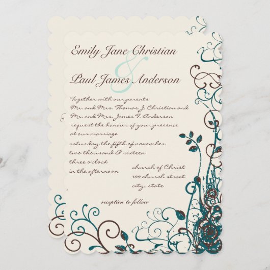 お洒落ティール（緑がかった色）&ブラウンスワール結婚式招待状 招待状 (正面/裏面)