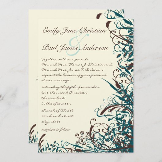 お洒落ティール(緑がかった色)&ブラウンスワール結婚式招待状 招待状 (正面/裏面)