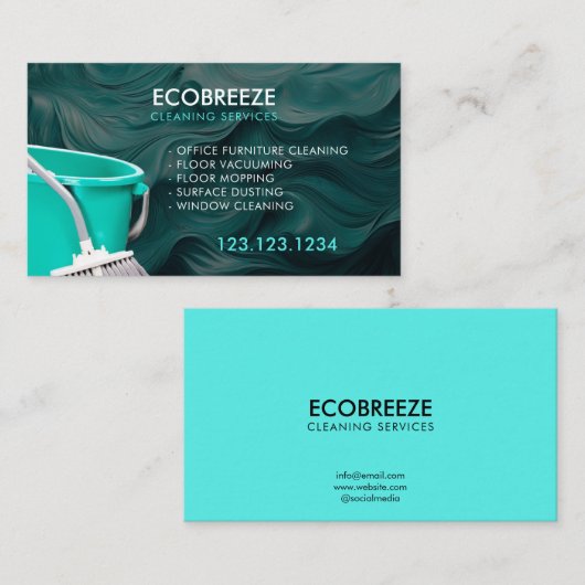 お洒落ティール(緑がかった色)Wave Officeクリーニング 名刺 (正面/裏面)