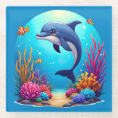 お洒落ドルフィン鮮やかインコーラルリーフ ガラスコースター (正面)