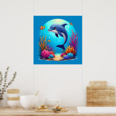 お洒落ドルフィン鮮やかインコーラルリーフ ポスター (キッチン)
