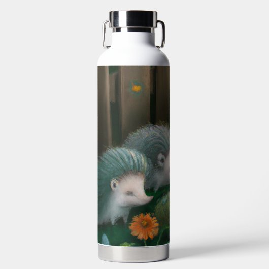 お洒落ハリネズミ一家が庭でピクニックをする ウォーターボトル (正面)