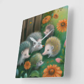 お洒落ハリネズミ一家が庭でピクニックをする スクエア壁時計 (傾斜)