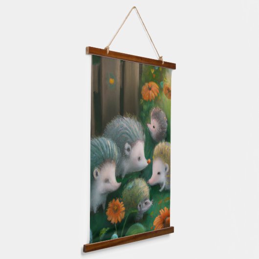 お洒落ハリネズミ一家が庭でピクニックをする 吊り下げ型タペストリー (傾斜あり)