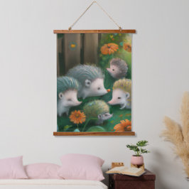 お洒落ハリネズミ一家が庭でピクニックをする 吊り下げ型タペストリー