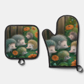 お洒落ハリネズミ一家が庭でピクニックをする 鍋つかみ&鍋敷きセット (正面)