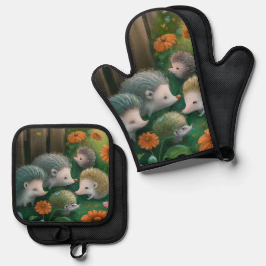 お洒落ハリネズミ一家が庭でピクニックをする 鍋つかみ&鍋敷きセット (正面/裏面)