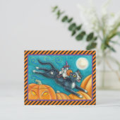 お洒落ハロウィン黒猫に乗る白いネズミ ポストカード (スタンド正面)