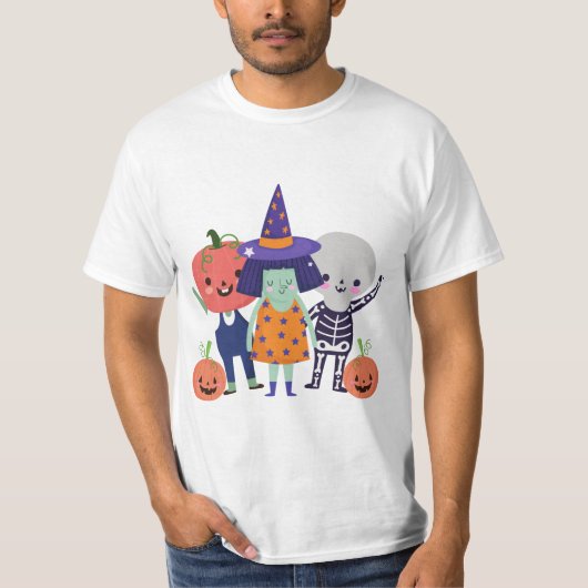 お洒落ハロウィーンの魔女、スケルトン、カボチャ Tシャツ (正面)