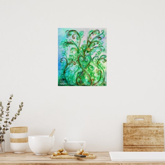 お洒落ハートと青い緑の渦巻き ポスター (キッチン)