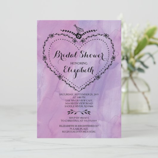 お洒落ハートパープルウォーターブライダルシャワー 招待状 (スタンド正面)