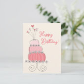 お洒落ハートピンクお誕生日ケーキありがとう ポストカード (スタンド正面)