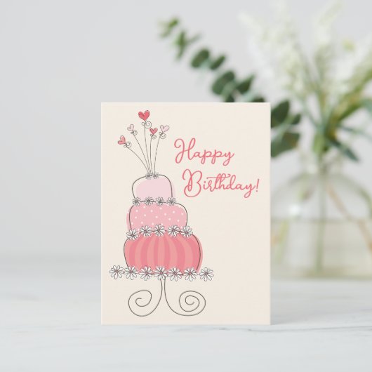 お洒落ハートピンクお誕生日ケーキありがとう ポストカード (スタンド正面)