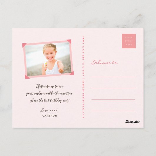 お洒落ハートピンクお誕生日ケーキありがとう ポストカード (裏面)