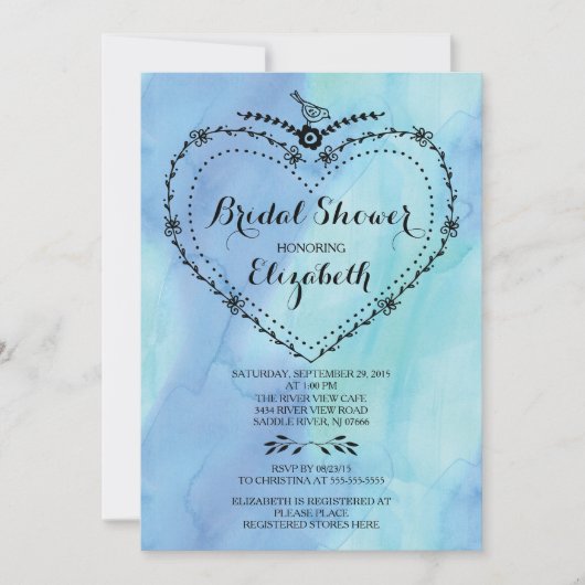 お洒落ハートブルーウォーターブライダルシャワー 招待状 (正面)