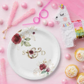 お洒落バーグンディ金ゴールド花モノグラム結婚ズ ペーパープレート (パーティー)