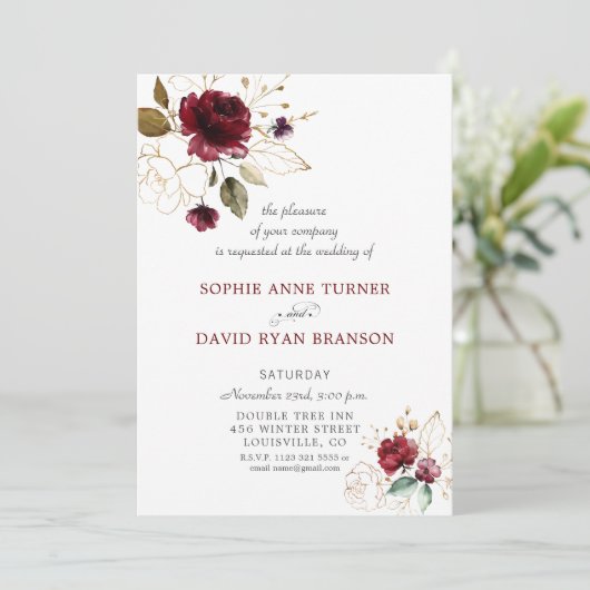 お洒落バーグンディ金ゴールド花モノグラム結婚ズ 招待状 (スタンド正面)