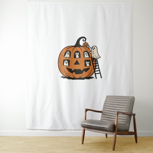 お洒落パンプキ不気味ーと幽霊、猫とハロ タペストリー (インサイチュ)