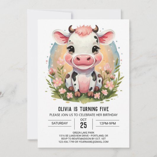 お洒落ピガーリーンク牛誕生日 招待状 (正面)